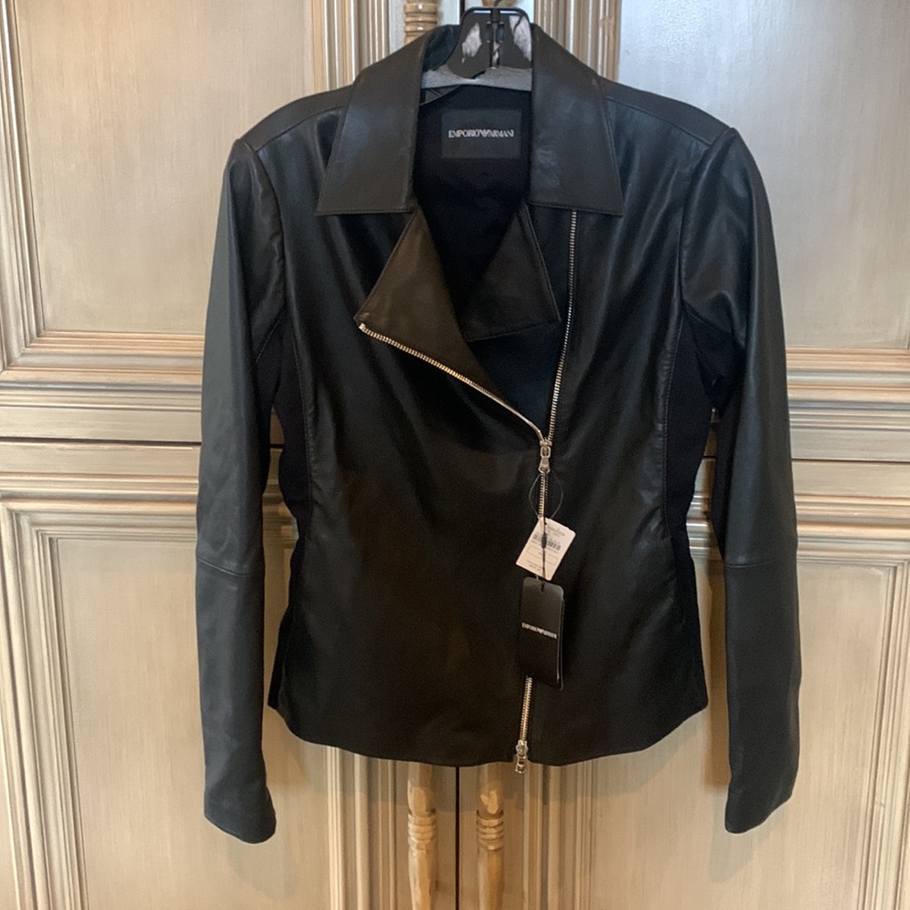 Emporio Armani Black Leather Jacket with Jersey Insets Size 44/US 8 NWT - Picture 7 of 9
